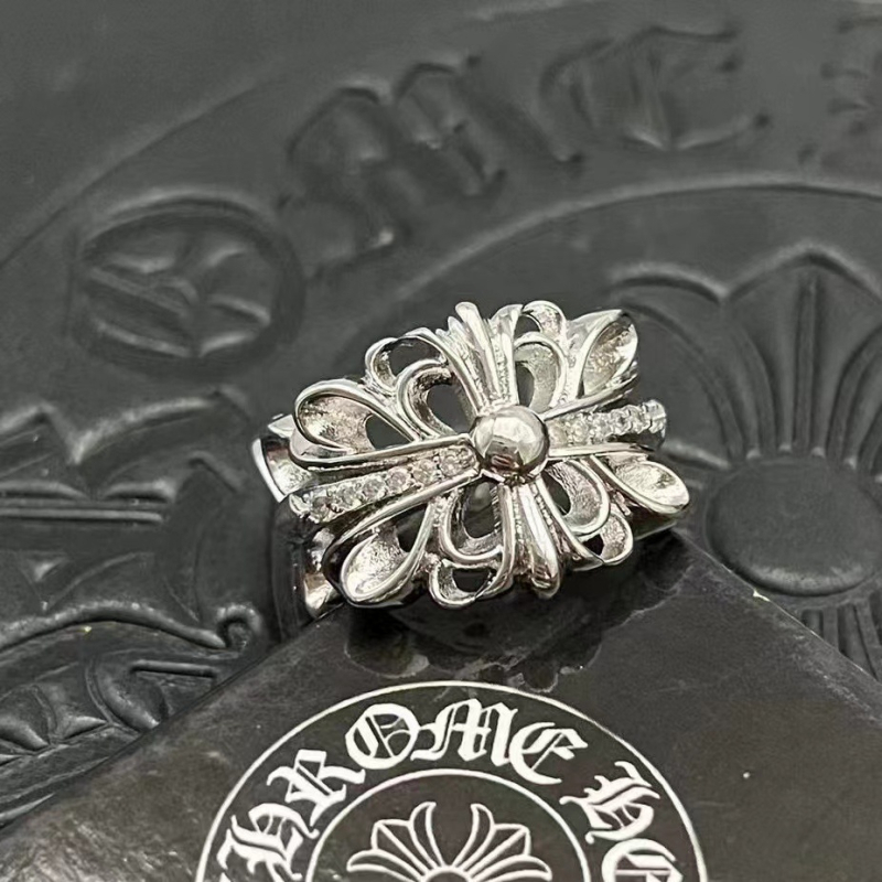 Inel bărbați cu motiv cruce-flori, argint thailandez, placare cu platină, diamant încrustat, stil retro, nișă, la mâna a doua