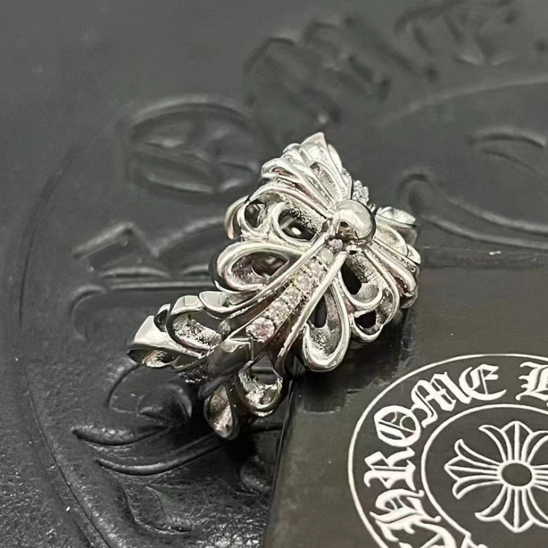 Inel bărbați cu motiv cruce-flori, argint thailandez, placare cu platină, diamant încrustat, stil retro, nișă, la mâna a doua