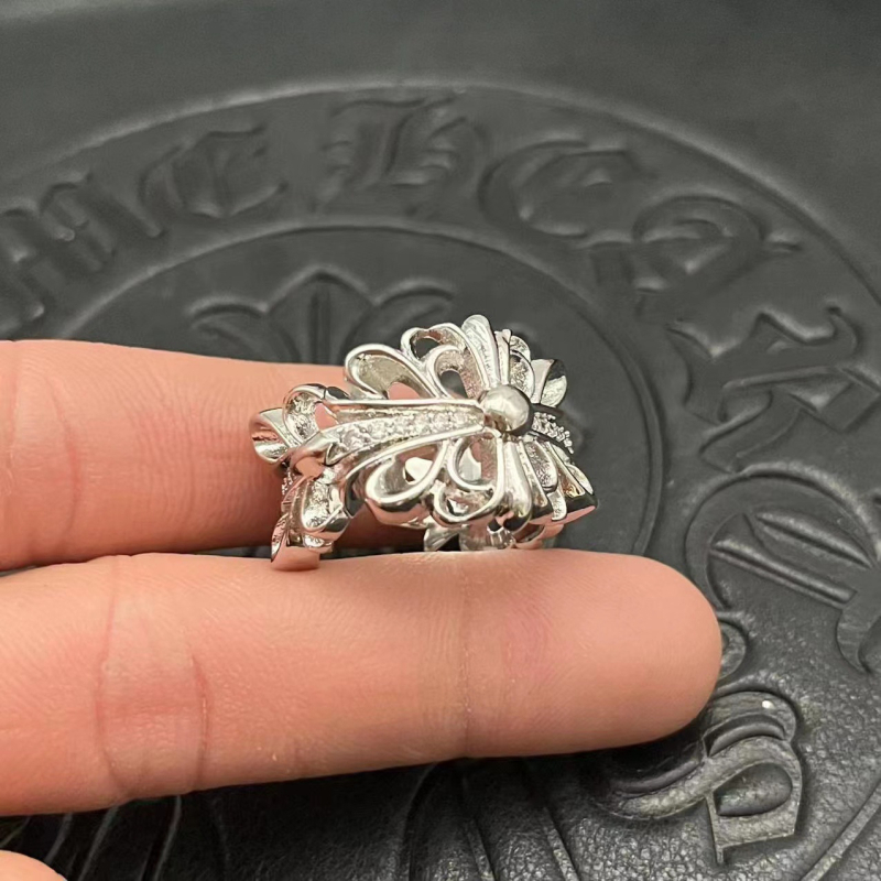 Inel bărbați cu motiv cruce-flori, argint thailandez, placare cu platină, diamant încrustat, stil retro, nișă, la mâna a doua