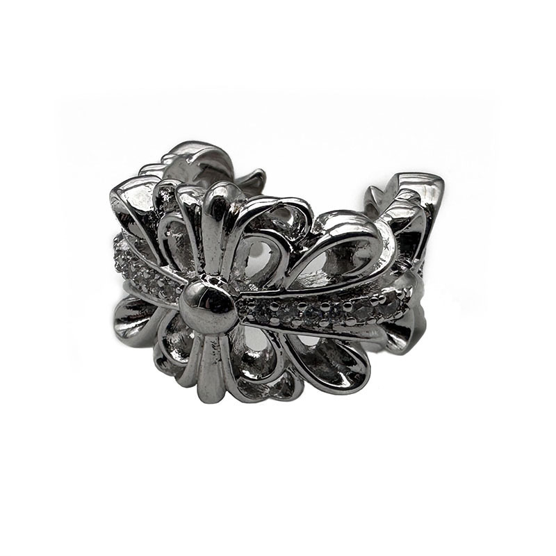 Inel bărbați cu motiv cruce-flori, argint thailandez, placare cu platină, diamant încrustat, stil retro, nișă, la mâna a doua