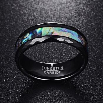Inel bărbătesc din oțel tungsten, lățime 8 mm, placare neagră cu aur roz, fațetat, cu inserție din scoică de abalón