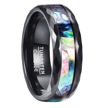 Inel bărbătesc din oțel tungsten, lățime 8 mm, placare neagră cu aur roz, fațetat, cu inserție din scoică de abalón