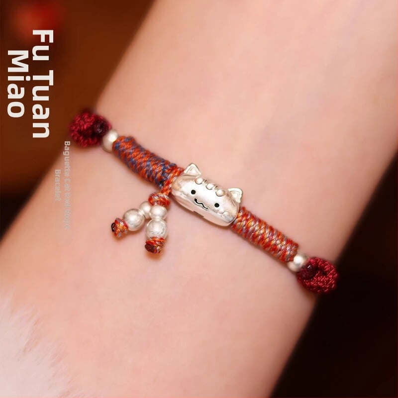 Náramok Baguette Cat Red String, unisex tkaný náramok pre páry a priateľov, darček k narodeninám pre priateľku