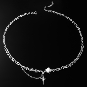 Colier cu cruce din oțel titan, piatră ochi de pisică, lanț claviculă, unisex