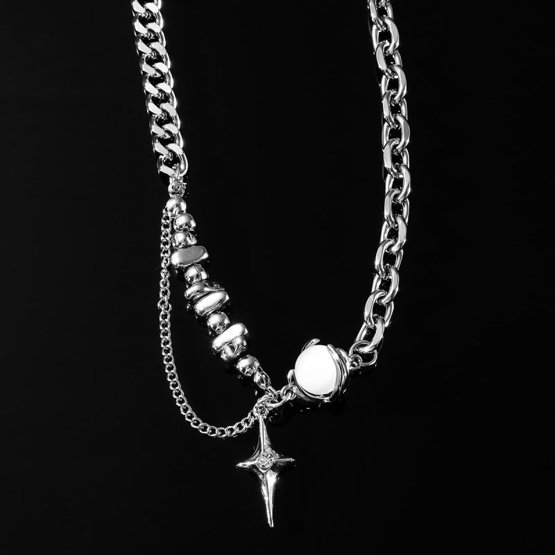 Colier cu cruce din oțel titan, piatră ochi de pisică, lanț claviculă, unisex