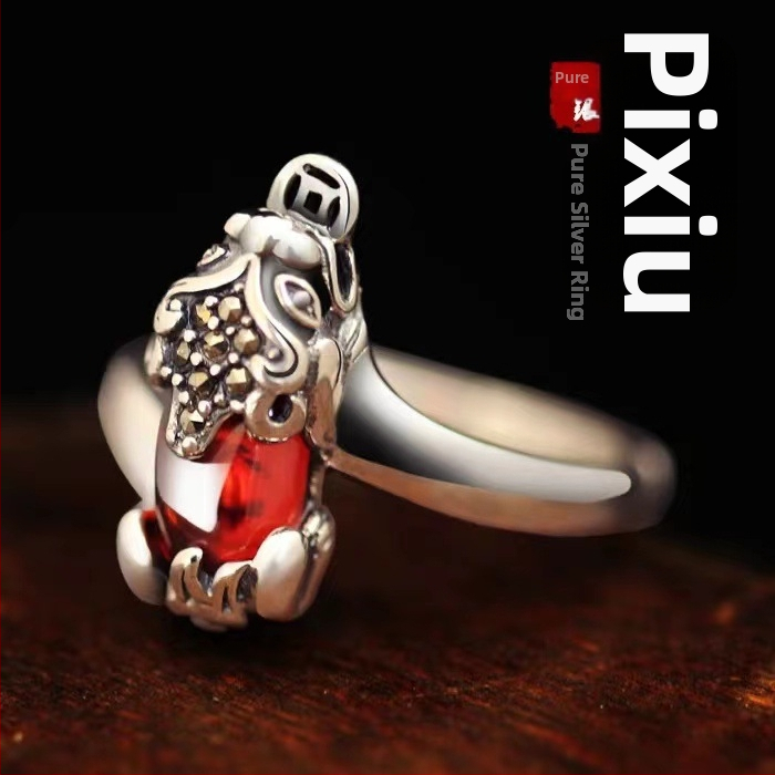 Strieborný prsteň Pixiu s granátom S925, retro unisex, otvorený a nastaviteľný