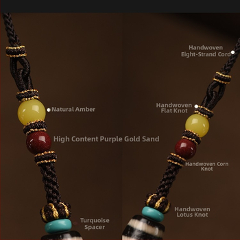 Unisex náhrdelník s kľúčnou kosťou z achátu a deviatich očiek z korálky Dzi s príveskom v tibetskom štýle