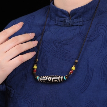 Colier unisex din agat cu mărgele Dzi cu nouă ochi, pandantiv în stil tibetan