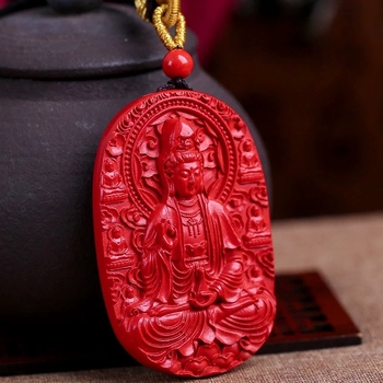 Pandantiv Guanyin Bodhisattva din cinnabar, colier tricotat - stil medieval, literar retro