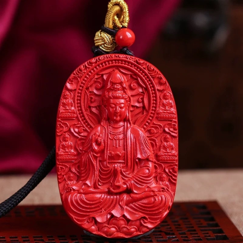 Pandantiv Guanyin Bodhisattva din cinnabar, colier tricotat - stil medieval, literar retro