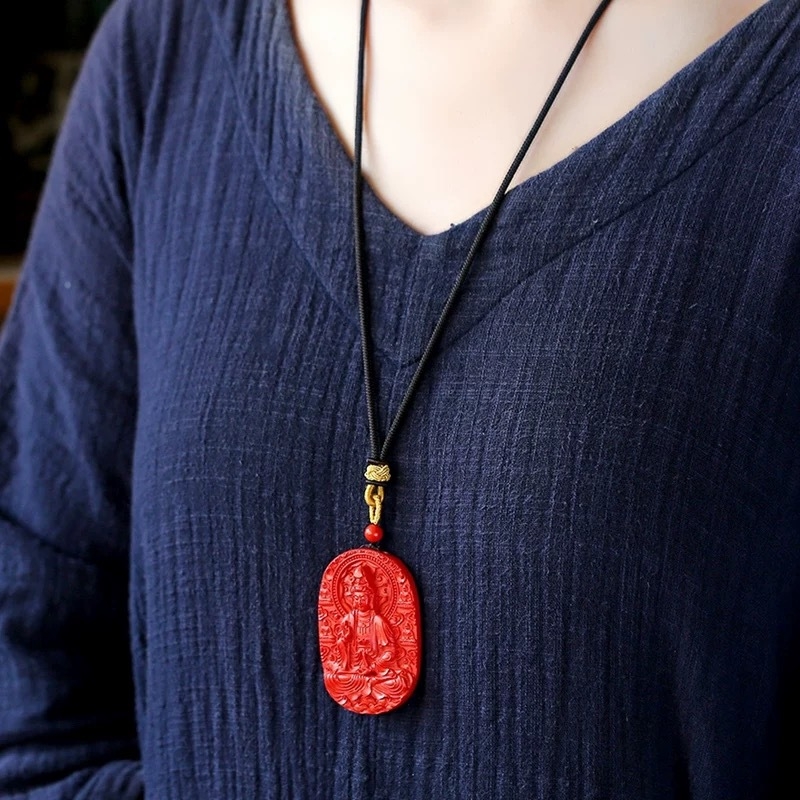 Pandantiv Guanyin Bodhisattva din cinnabar, colier tricotat - stil medieval, literar retro