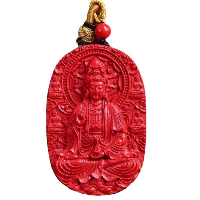 Pandantiv Guanyin Bodhisattva din cinnabar, colier tricotat - stil medieval, literar retro