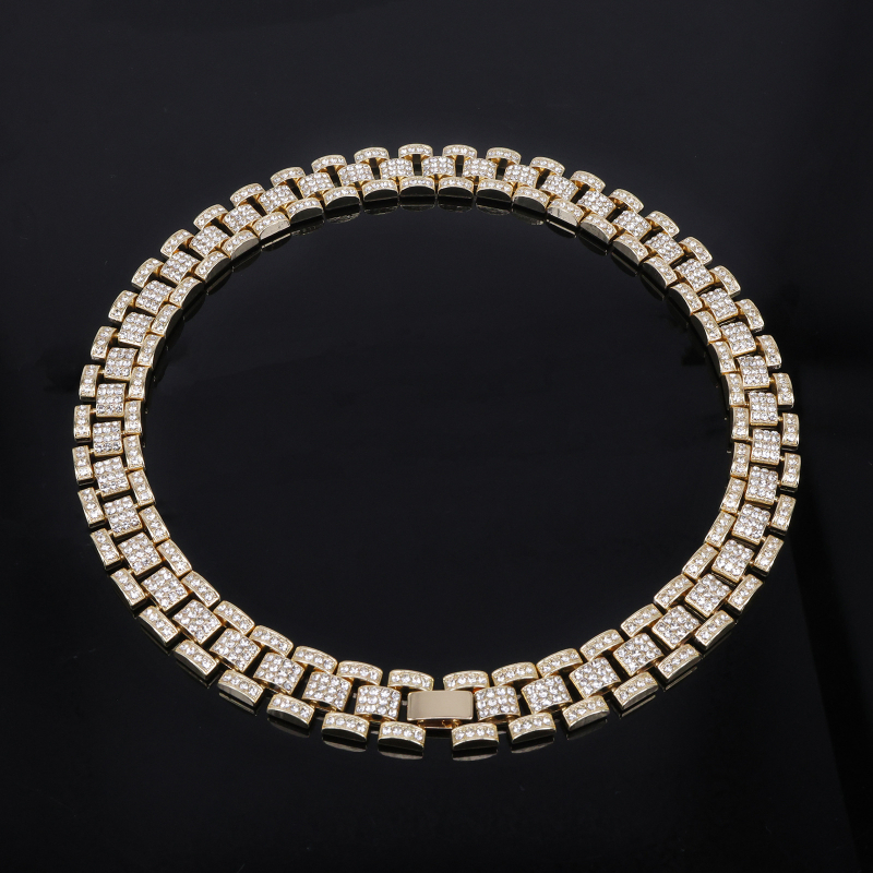 Colier pentru bărbați cu lanț cuban, 16 mm din aliaj, cu diamante, design geometric, stil hip-hop