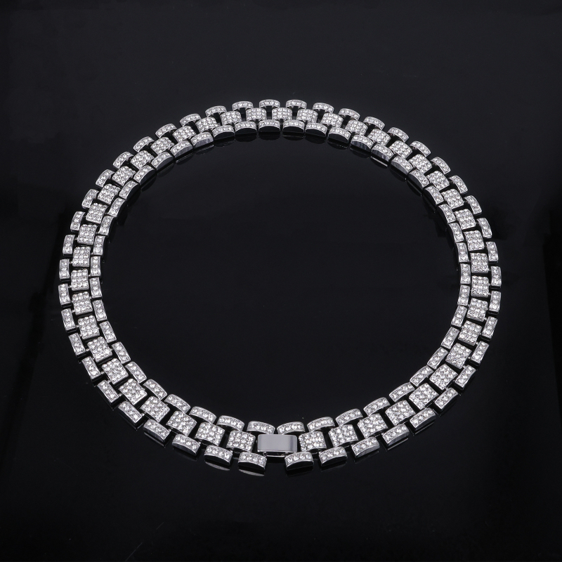 Colier pentru bărbați cu lanț cuban, 16 mm din aliaj, cu diamante, design geometric, stil hip-hop