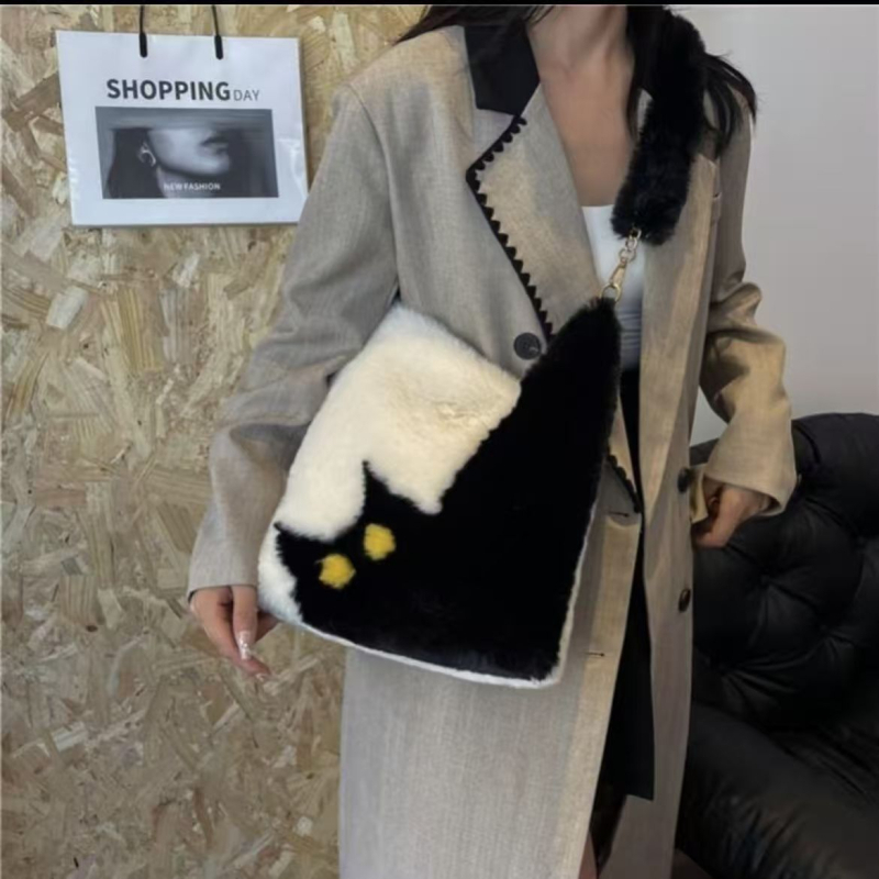Geantă de umăr din pluș pentru femei, culoare în contrast, capacitate mare, motiv vulpe drăguț