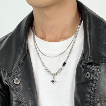 Colier masculin dublu strat cu pietre pătrate de diamant, design în formă de stea, lanț Cuban