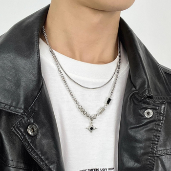 Colier masculin dublu strat cu pietre pătrate de diamant, design în formă de stea, lanț Cuban