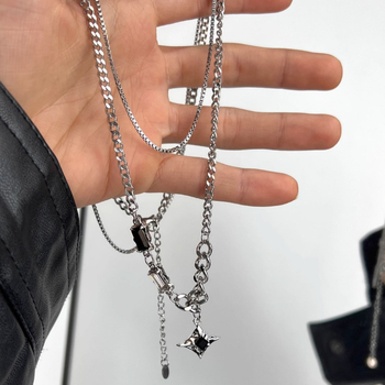 Colier masculin dublu strat cu pietre pătrate de diamant, design în formă de stea, lanț Cuban
