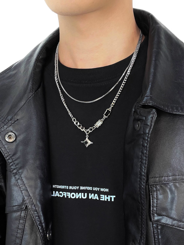 Colier masculin dublu strat cu pietre pătrate de diamant, design în formă de stea, lanț Cuban
