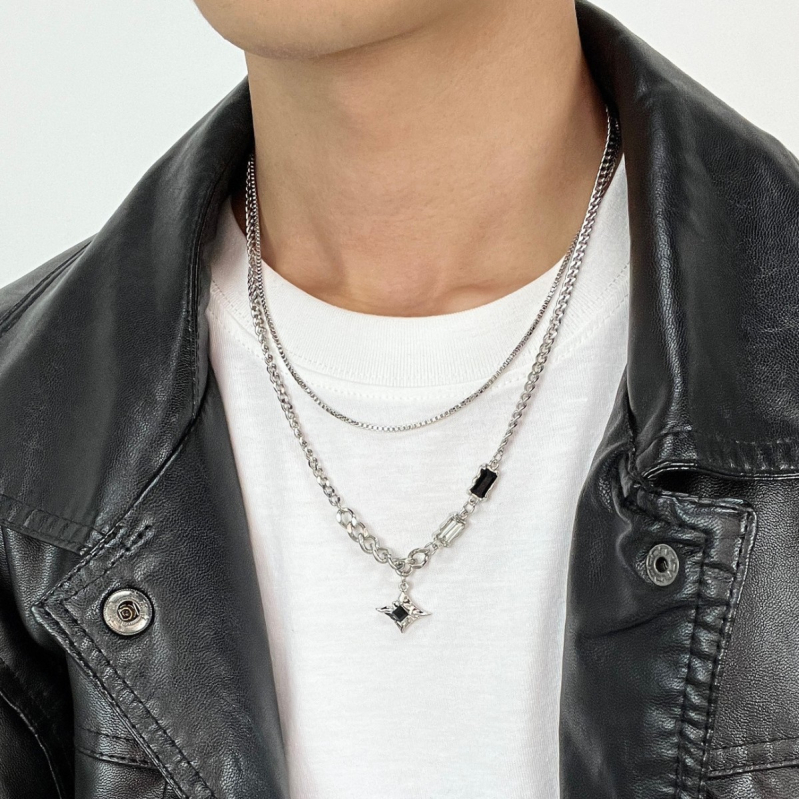 Colier masculin dublu strat cu pietre pătrate de diamant, design în formă de stea, lanț Cuban