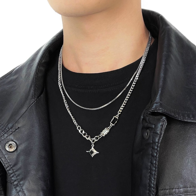 Colier masculin dublu strat cu pietre pătrate de diamant, design în formă de stea, lanț Cuban