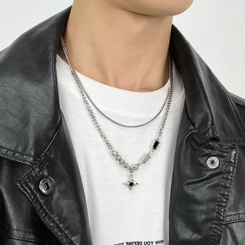 Colier masculin dublu strat cu pietre pătrate de diamant, design în formă de stea, lanț Cuban