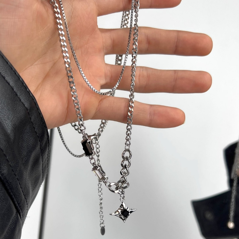 Colier masculin dublu strat cu pietre pătrate de diamant, design în formă de stea, lanț Cuban