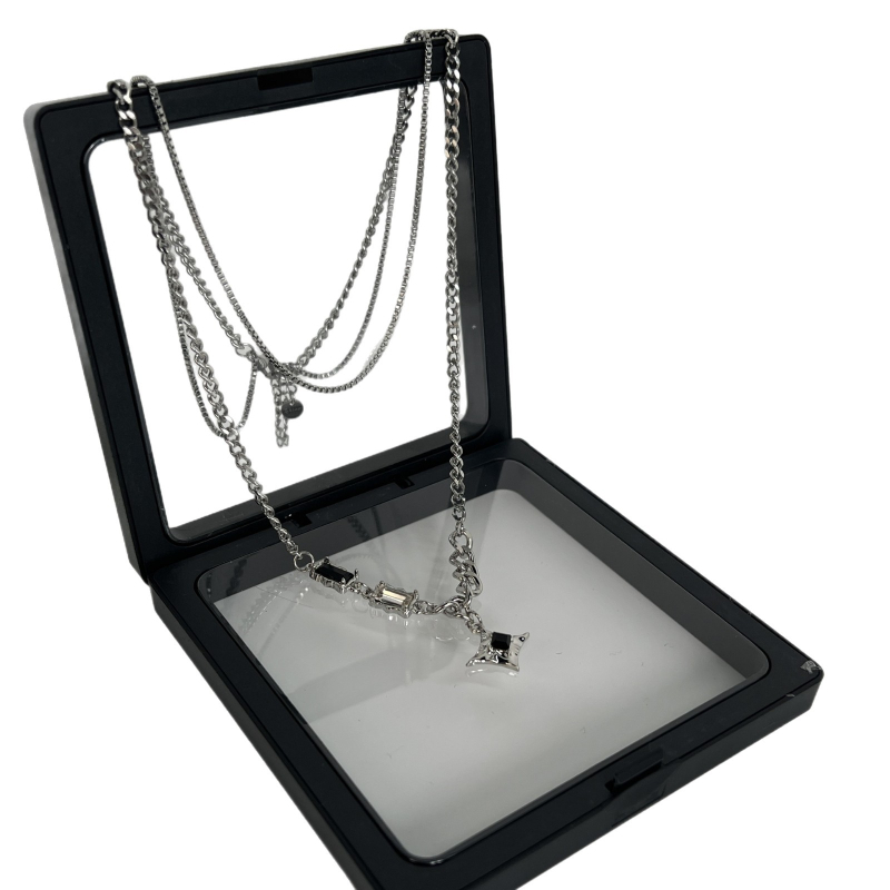 Colier masculin dublu strat cu pietre pătrate de diamant, design în formă de stea, lanț Cuban