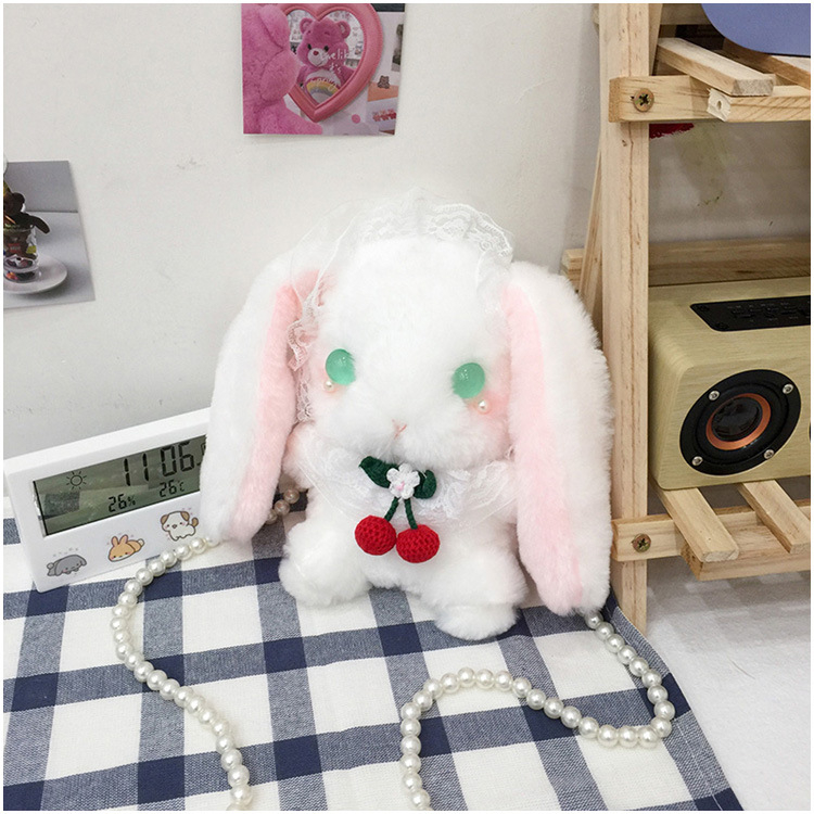 Geantă mică crossbody în stil japonez, iepuraș de pluș drăguț, inspirată de Lolita JK, cu curea pentru umăr