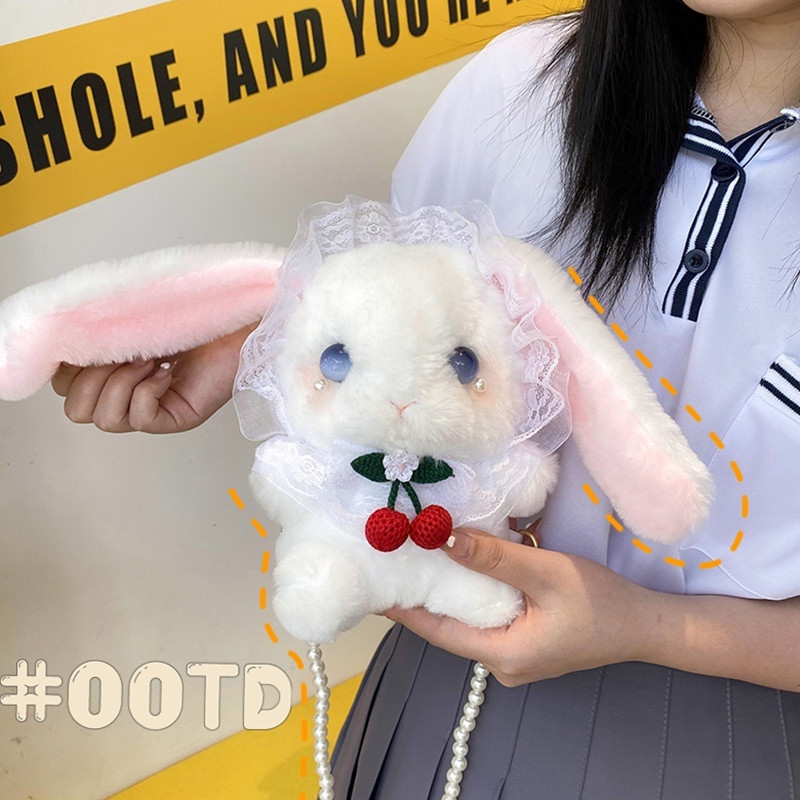 Geantă mică crossbody în stil japonez, iepuraș de pluș drăguț, inspirată de Lolita JK, cu curea pentru umăr