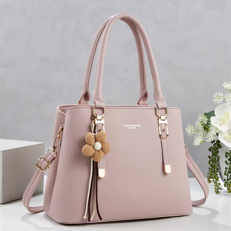 Geantă de mână cu pandantiv din pluș, culoare solidă, design minimalist, geantă mare pentru umăr sau crossbody, cu fermoar