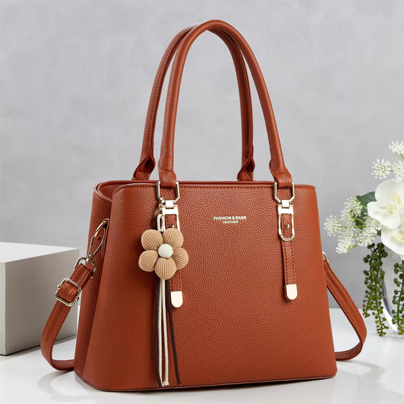 Geantă de mână cu pandantiv din pluș, culoare solidă, design minimalist, geantă mare pentru umăr sau crossbody, cu fermoar