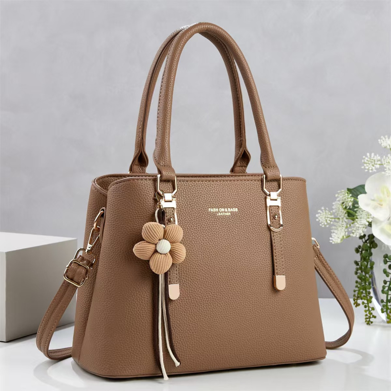 Geantă de mână cu pandantiv din pluș, culoare solidă, design minimalist, geantă mare pentru umăr sau crossbody, cu fermoar