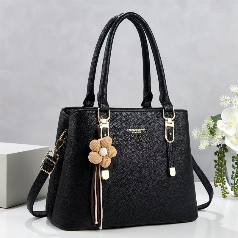 Geantă de mână cu pandantiv din pluș, culoare solidă, design minimalist, geantă mare pentru umăr sau crossbody, cu fermoar