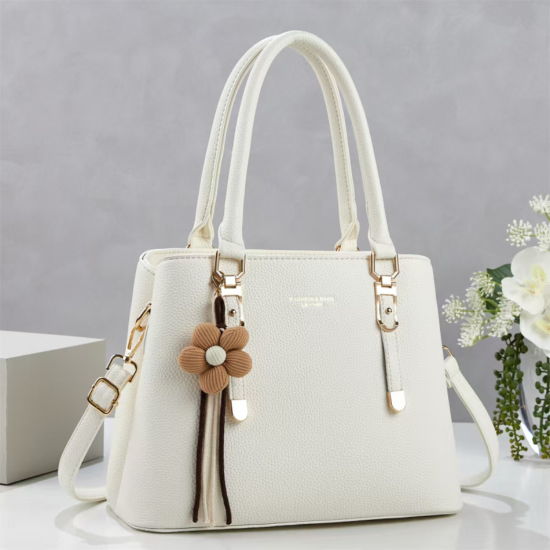 Geantă de mână cu pandantiv din pluș, culoare solidă, design minimalist, geantă mare pentru umăr sau crossbody, cu fermoar