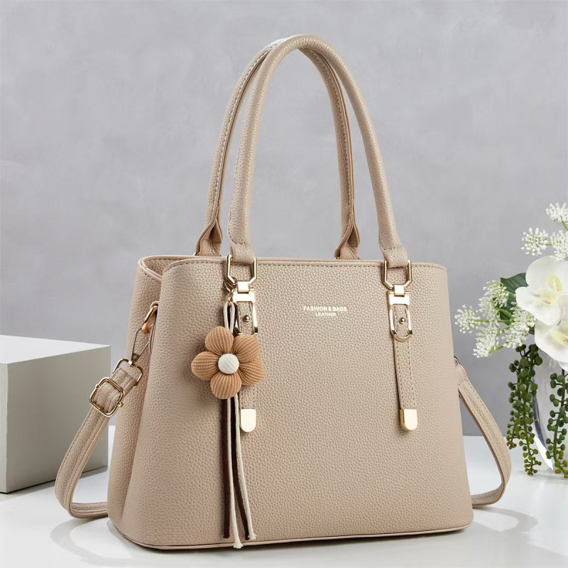 Geantă de mână cu pandantiv din pluș, culoare solidă, design minimalist, geantă mare pentru umăr sau crossbody, cu fermoar