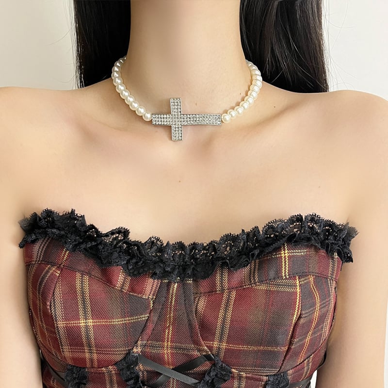 Colier cu perle și pandantiv în formă de cruce, lanț pentru claviculă, bijuterie elegantă, lux discret