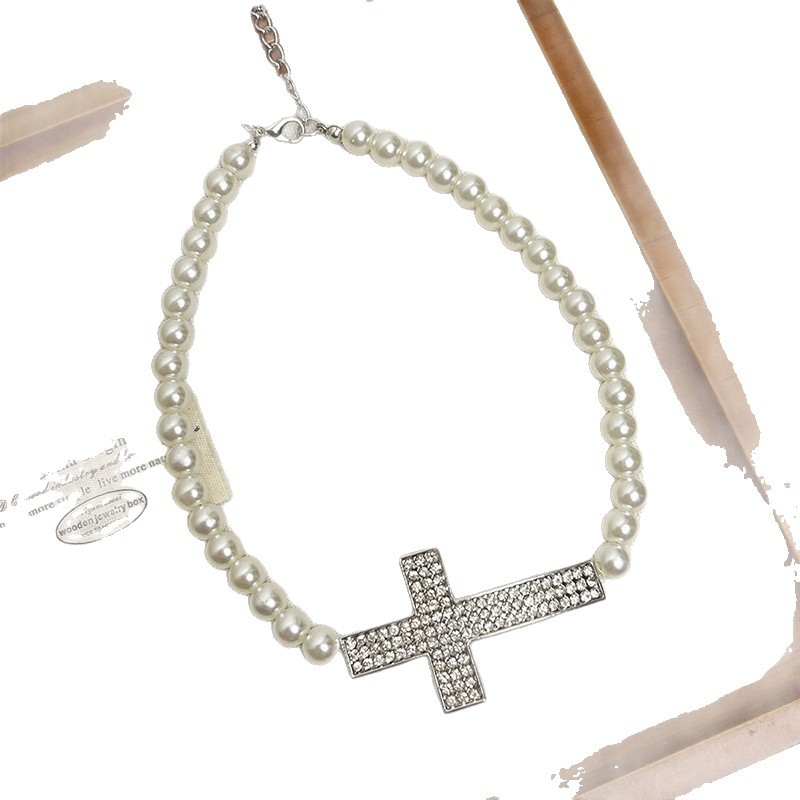 Colier cu perle și pandantiv în formă de cruce, lanț pentru claviculă, bijuterie elegantă, lux discret