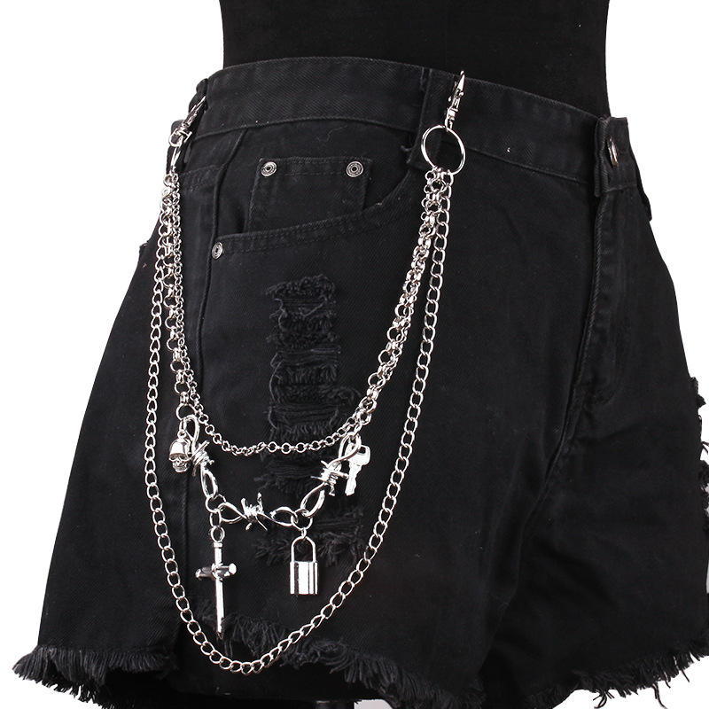 Lant talie metalic cu lacăt în formă de cruce, multistrat, unisex, stil punk hip-hop.