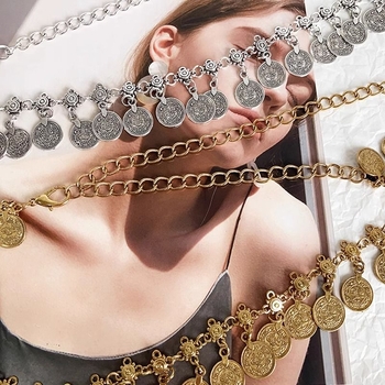 Lanț de talie vintage cu monede metalice, stil etno-boho, potrivit pentru rochii sau pantaloni