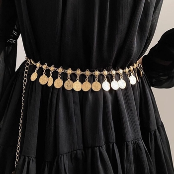 Lanț de talie vintage cu monede metalice, stil etno-boho, potrivit pentru rochii sau pantaloni