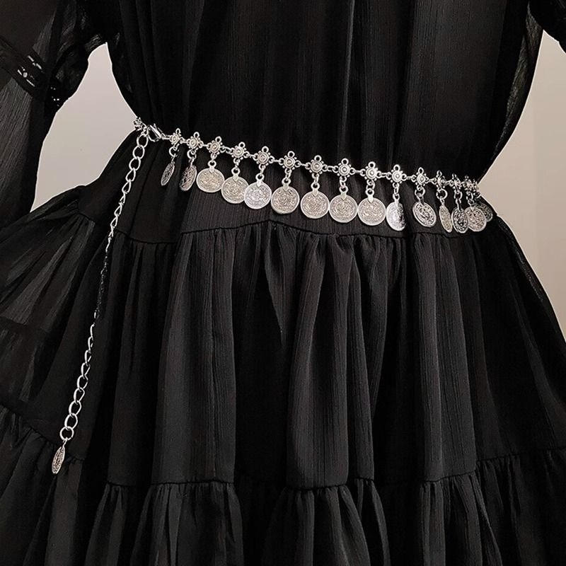 Lanț de talie vintage cu monede metalice, stil etno-boho, potrivit pentru rochii sau pantaloni