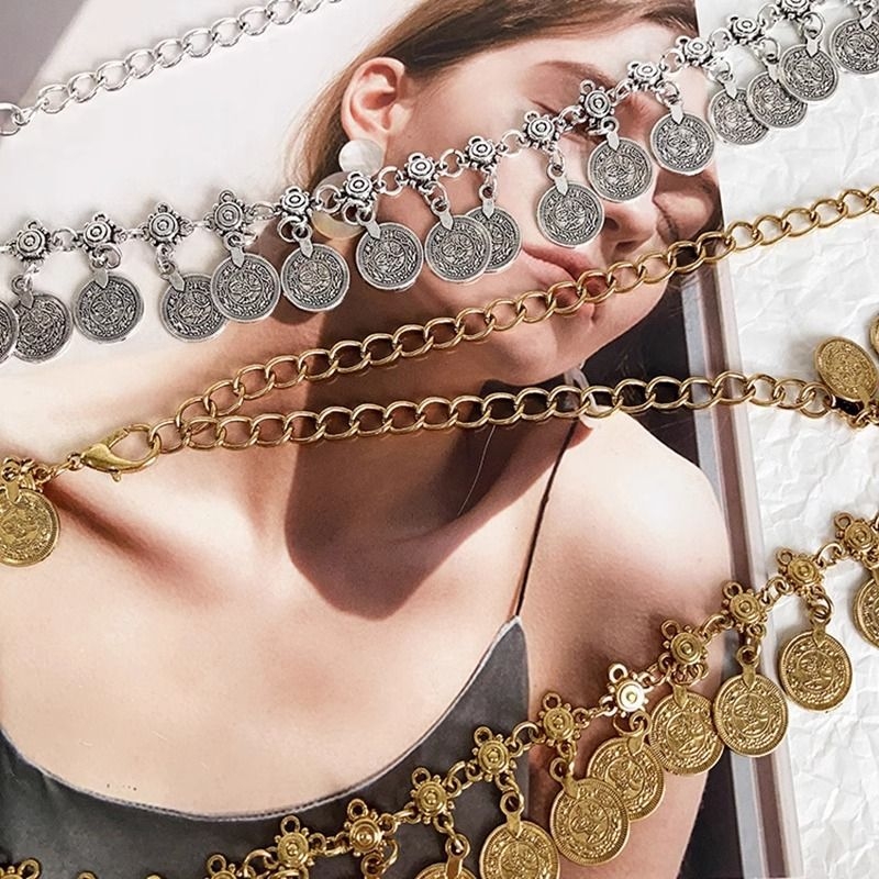 Lanț de talie vintage cu monede metalice, stil etno-boho, potrivit pentru rochii sau pantaloni