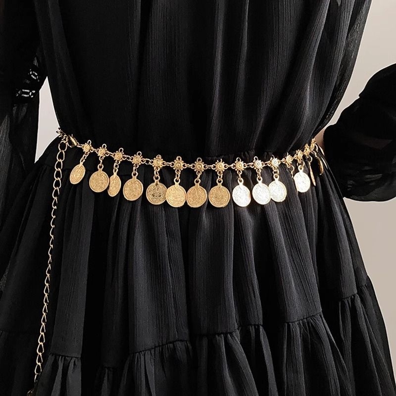 Lanț de talie vintage cu monede metalice, stil etno-boho, potrivit pentru rochii sau pantaloni
