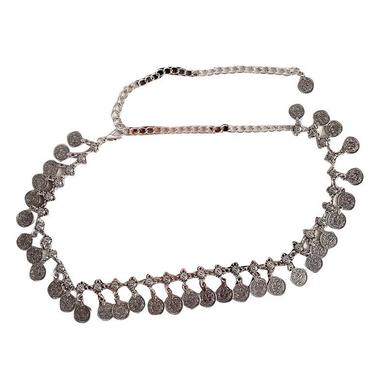 Lanț de talie vintage cu monede metalice, stil etno-boho, potrivit pentru rochii sau pantaloni