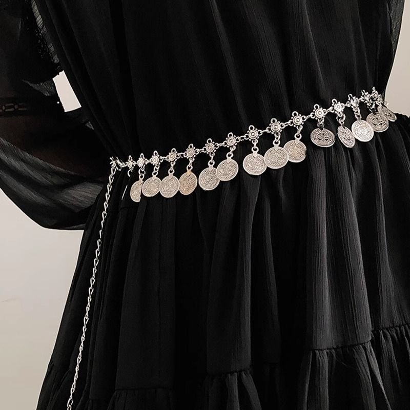 Lanț de talie vintage cu monede metalice, stil etno-boho, potrivit pentru rochii sau pantaloni