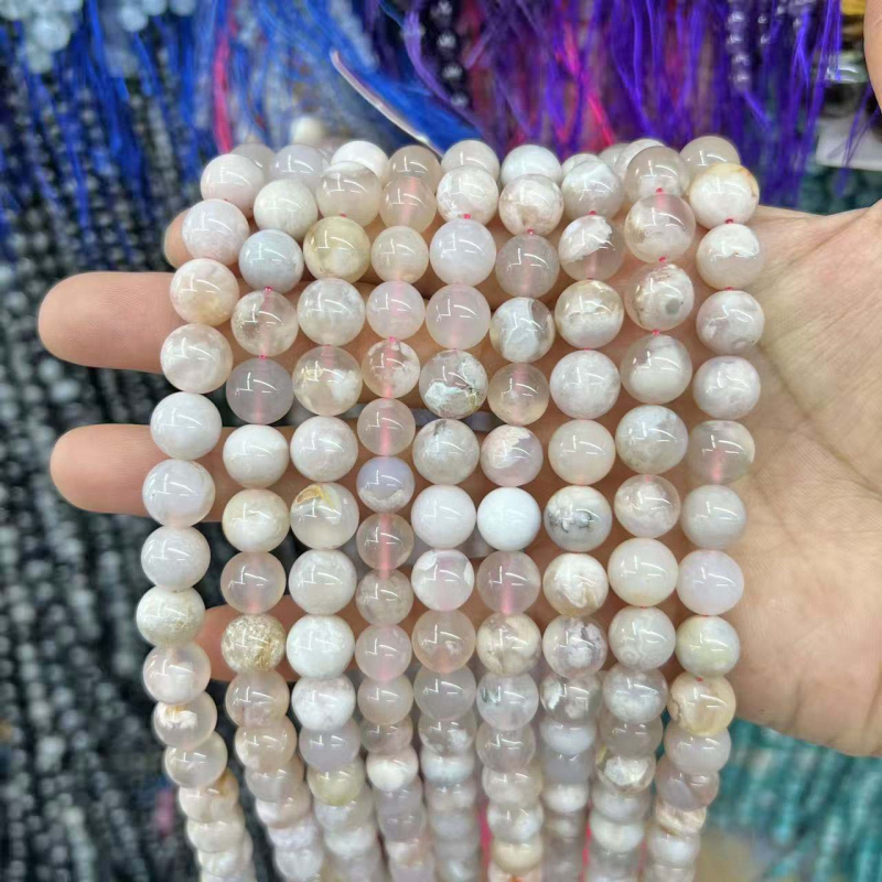 Bețe rotunde din agat natural în culoare floare de cireș, cu model translucid ca gheața, pentru bijuterii DIY (brățări și coliere), 8 mm, componente semi-procesate