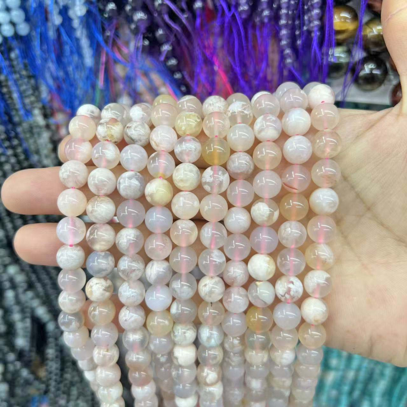 Bețe rotunde din agat natural în culoare floare de cireș, cu model translucid ca gheața, pentru bijuterii DIY (brățări și coliere), 8 mm, componente semi-procesate