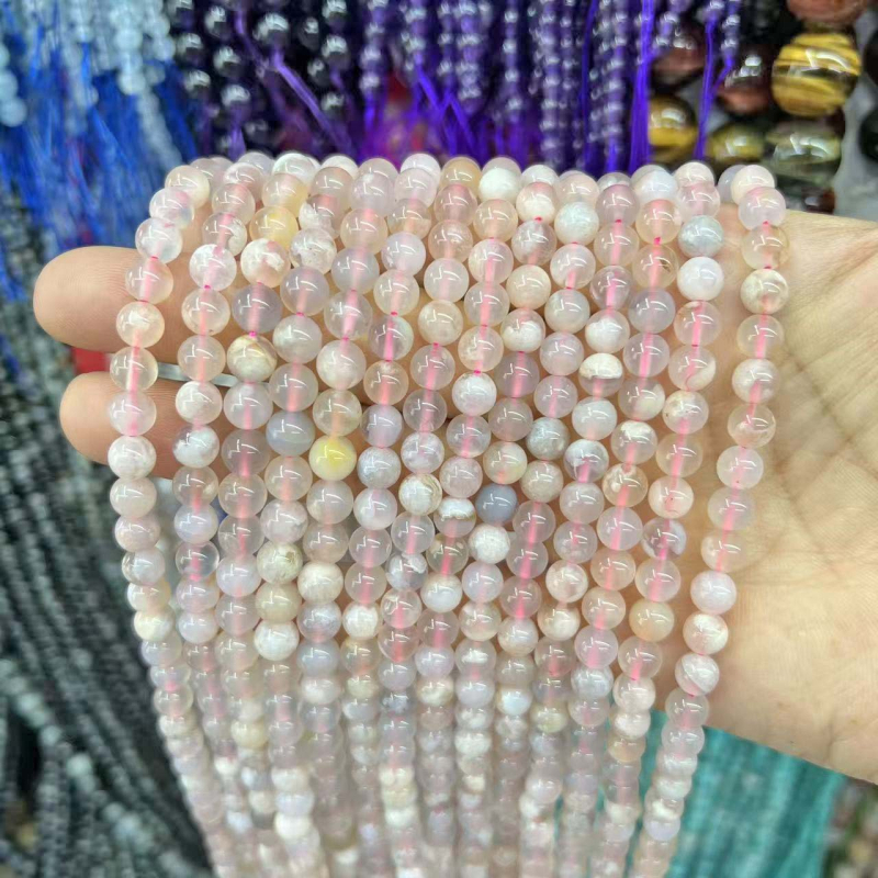 Bețe rotunde din agat natural în culoare floare de cireș, cu model translucid ca gheața, pentru bijuterii DIY (brățări și coliere), 8 mm, componente semi-procesate