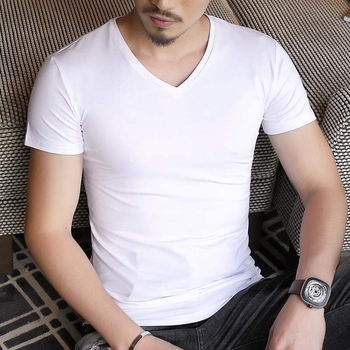 Tricou pentru bărbați de vară, culoare solidă, guler în V, mâneci scurte, croială slim, alb, mărime plus